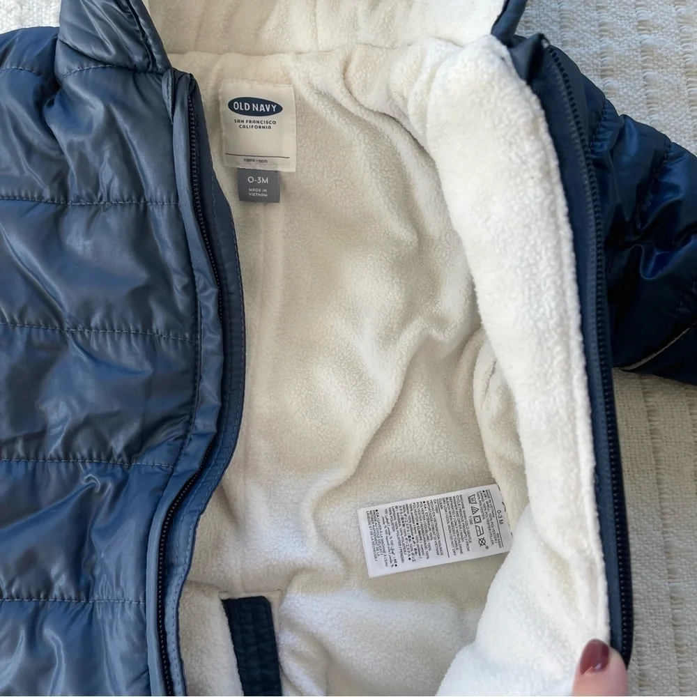 Bundle of two baby winter snowsuits, novelty penguin and neutral navy size 0-3